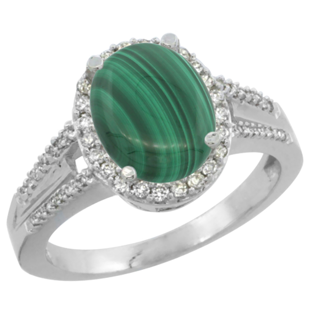 14K White Gold Diamond Natural Malachite Engagement Ring Oval 10x8mm, sizes 5-10