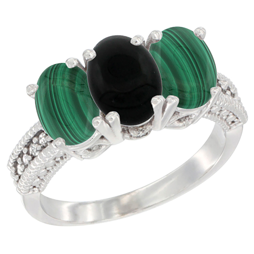 10K White Gold Diamond Natural Black Onyx &amp; Malachite Ring 3-Stone 7x5 mm Oval, sizes 5 - 10