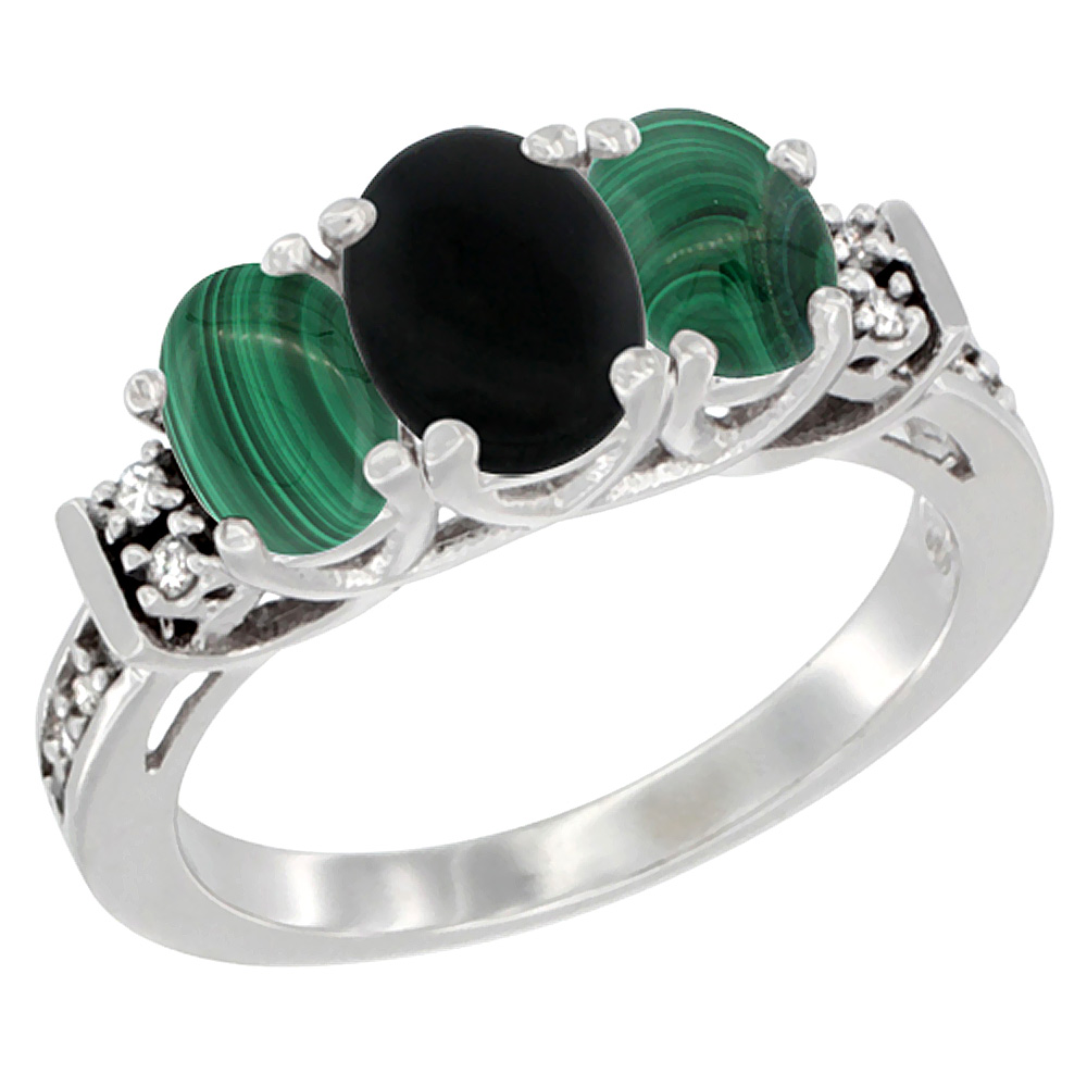 14K White Gold Natural Black Onyx & Malachite Ring 3-Stone Oval Diamond Accent, sizes 5-10