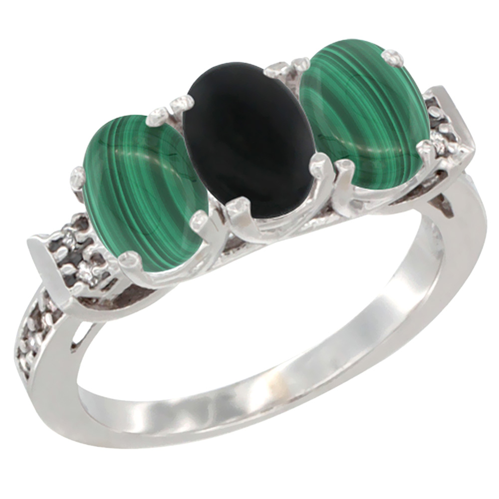 10K White Gold Natural Black Onyx &amp; Malachite Sides Ring 3-Stone Oval 7x5 mm Diamond Accent, sizes 5 - 10