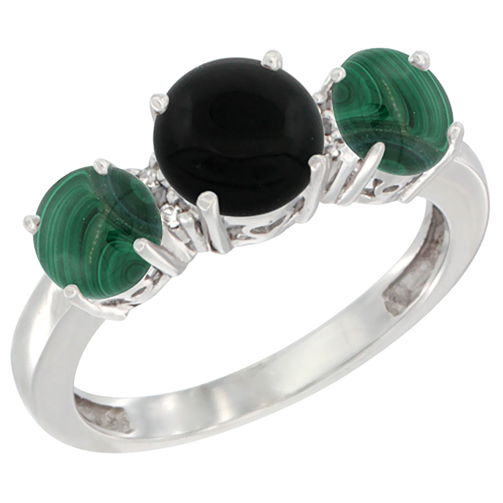 10K White Gold Round 3-Stone Natural Black Onyx Ring &amp; Malachite Sides Diamond Accent, sizes 5 - 10