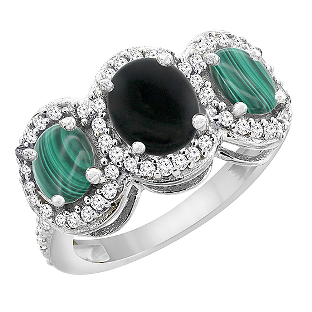 10K White Gold Natural Black Onyx &amp; Malachite 3-Stone Ring Oval Diamond Accent, sizes 5 - 10