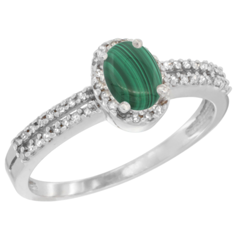 14K White Gold Natural Malachite Ring Oval 6x4mm Diamond Accent, sizes 5-10