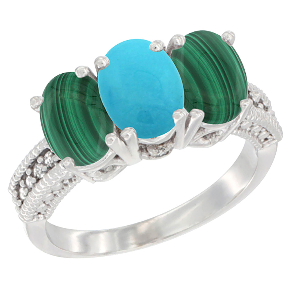 10K White Gold Diamond Natural Turquoise & Malachite Ring 3-Stone 7x5 mm Oval, sizes 5 - 10