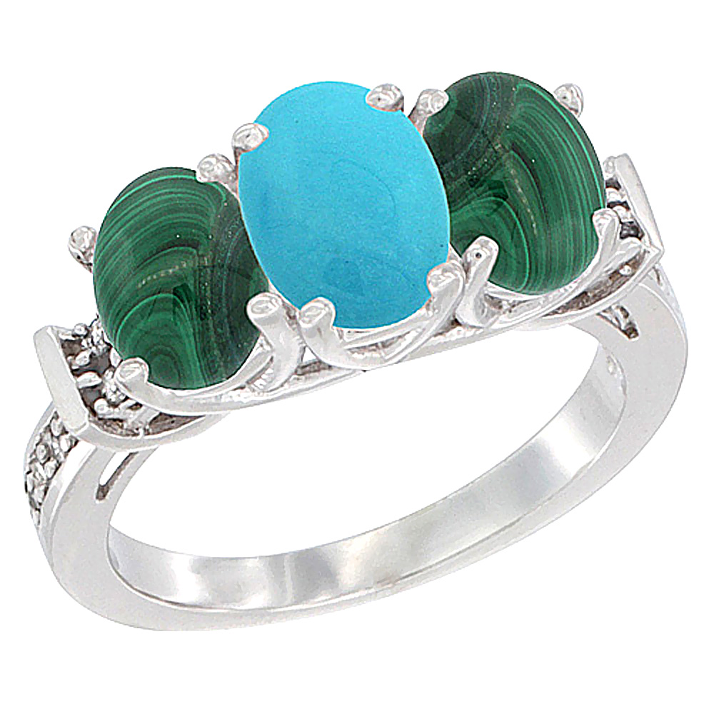 10K White Gold Natural Turquoise & Malachite Sides Ring 3-Stone Oval Diamond Accent, sizes 5 - 10