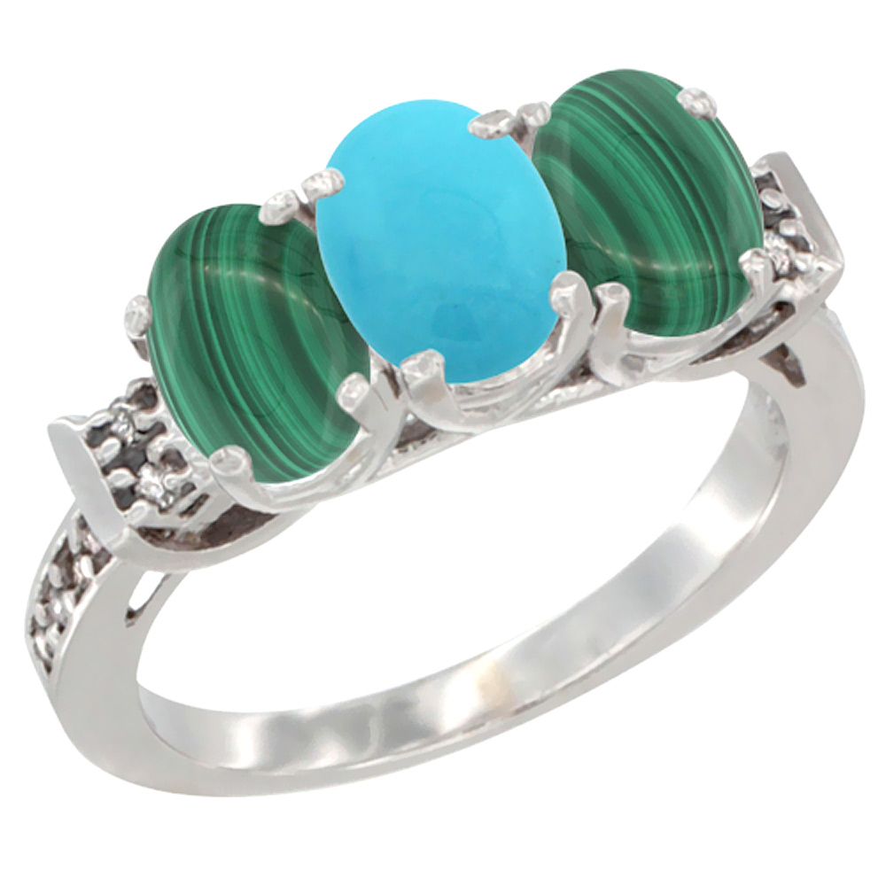 14K White Gold Natural Turquoise & Malachite Ring 3-Stone 7x5 mm Oval Diamond Accent, sizes 5 - 10