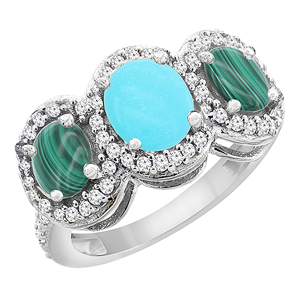 14K White Gold Natural Turquoise & Malachite 3-Stone Ring Oval Diamond Accent, sizes 5 - 10