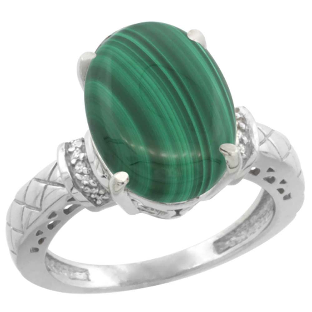 14K White Gold Diamond Natural Malachite Ring Oval 14x10mm, sizes 5-10