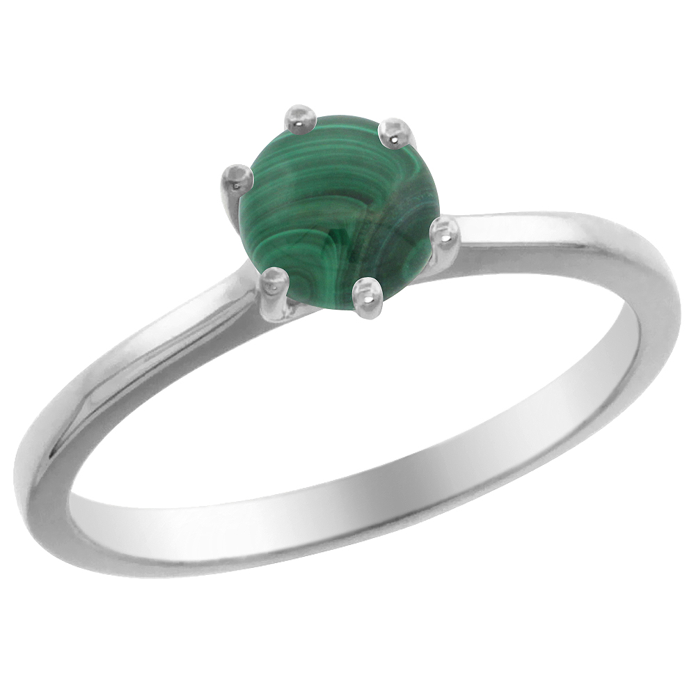 14K White Gold Natural Malachite Solitaire Ring Round 6mm, sizes 5 - 10