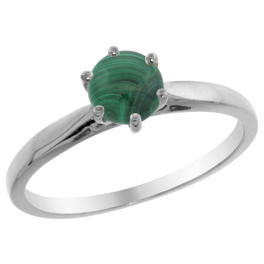 14K White Gold Natural Malachite Solitaire Ring Round 5mm, sizes 5 - 10