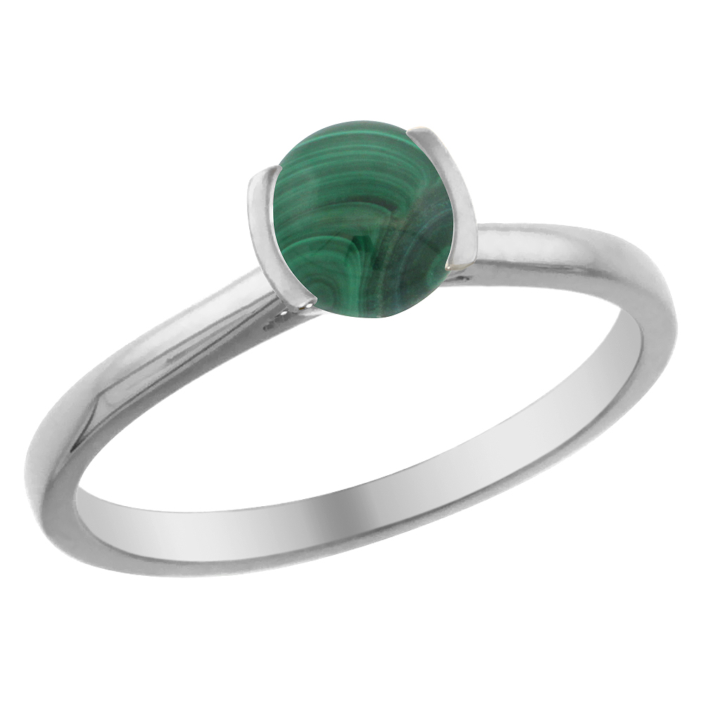 14K White Gold Natural Malachite Solitaire Ring Round 5mm, sizes 5 - 10