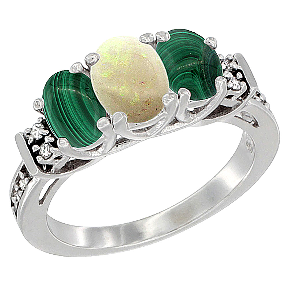 14K White Gold Natural Opal &amp; Malachite Ring 3-Stone Oval Diamond Accent, sizes 5-10