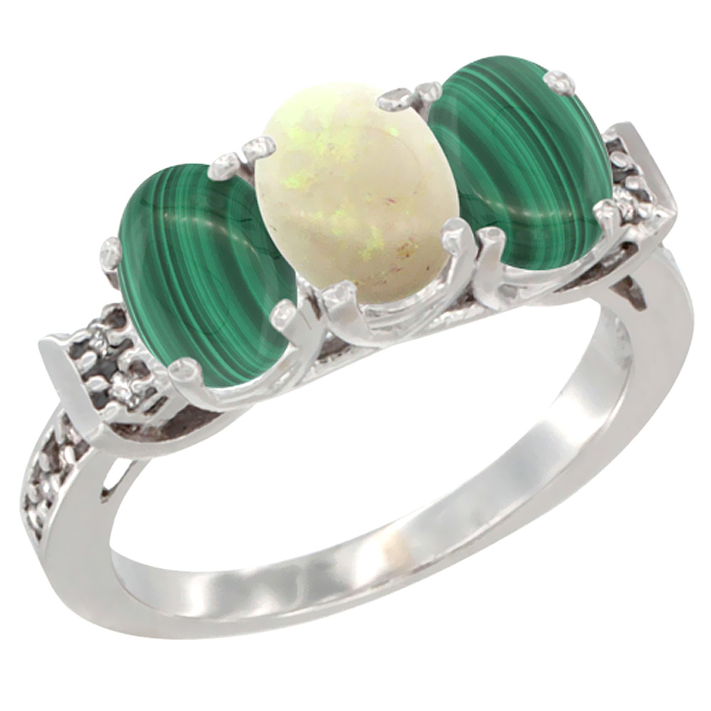 14K White Gold Natural Opal &amp; Malachite Ring 3-Stone 7x5 mm Oval Diamond Accent, sizes 5 - 10