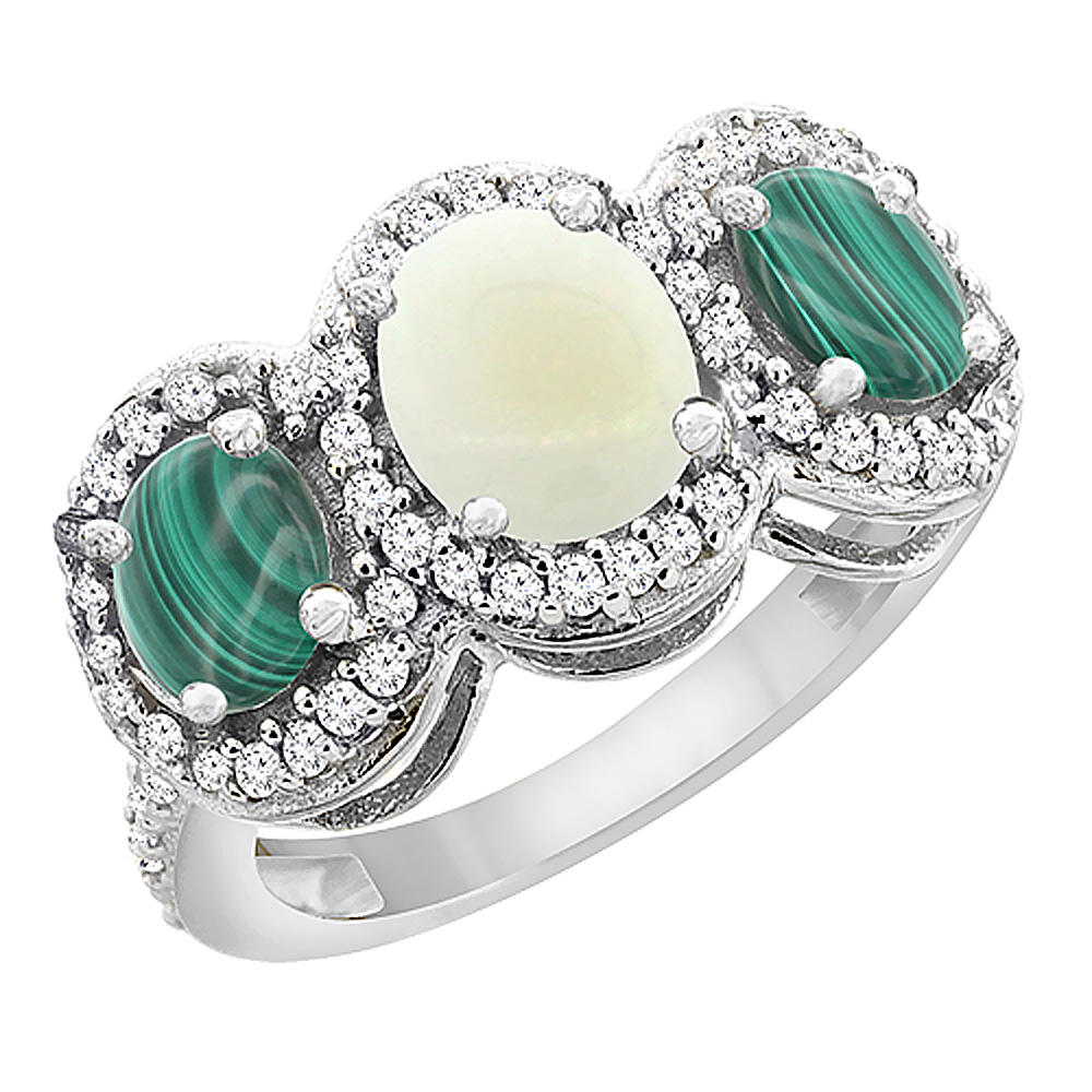 14K White Gold Natural Opal &amp; Malachite 3-Stone Ring Oval Diamond Accent, sizes 5 - 10