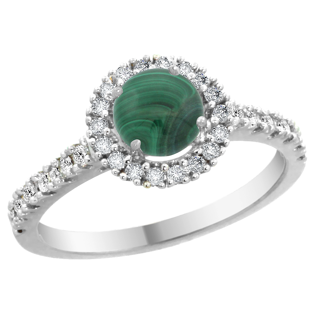 14K White Gold Diamond Halo Natural Malachite Ring Round 6mm, sizes 5 - 10