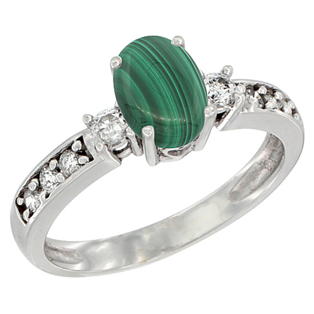 14K Yellow Gold Natural Malachite Ring Oval 7x5 mm Diamond Accent, sizes 5 - 10