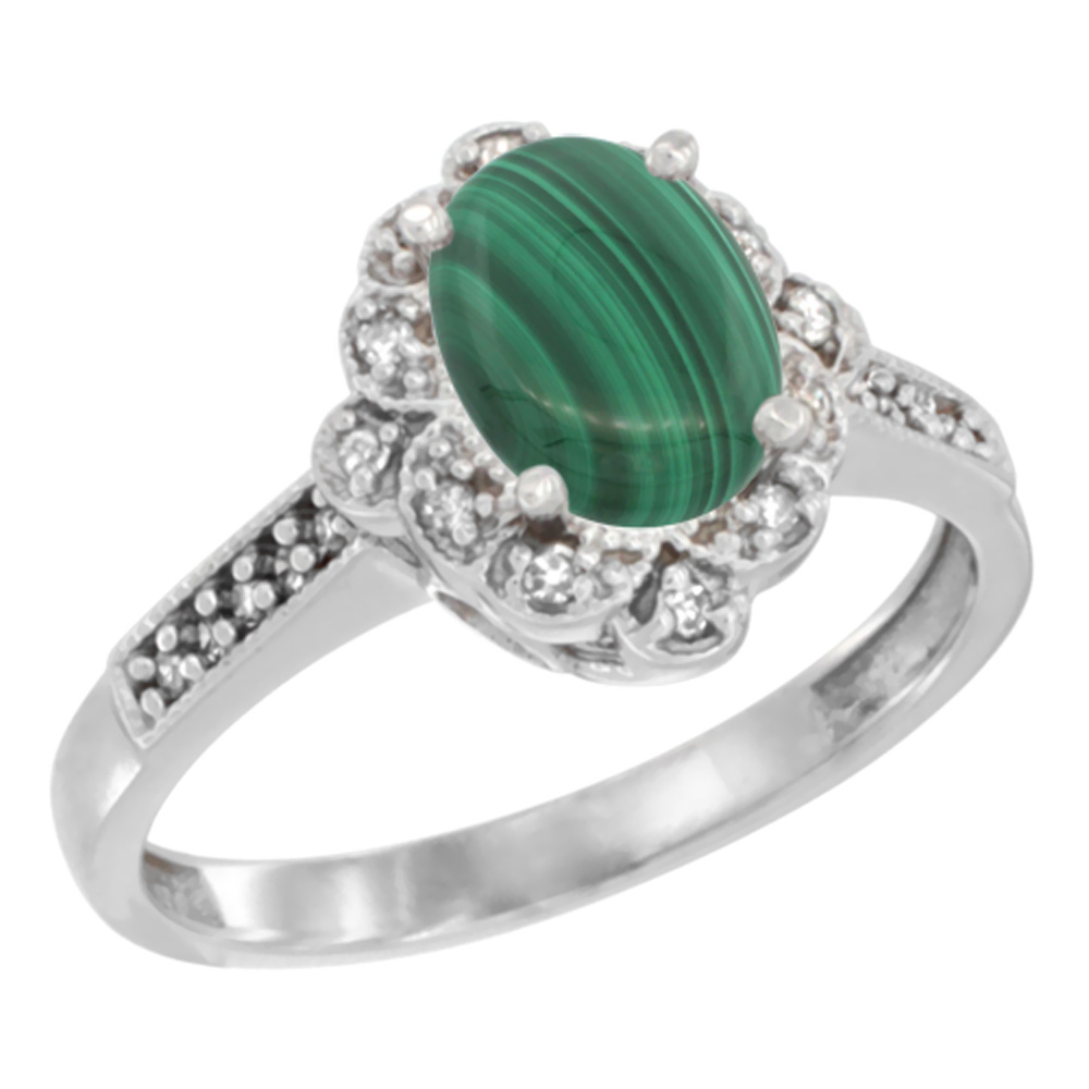 14K White Gold Natural Malachite Ring Oval 8x6 mm Floral Diamond Halo, sizes 5 - 10