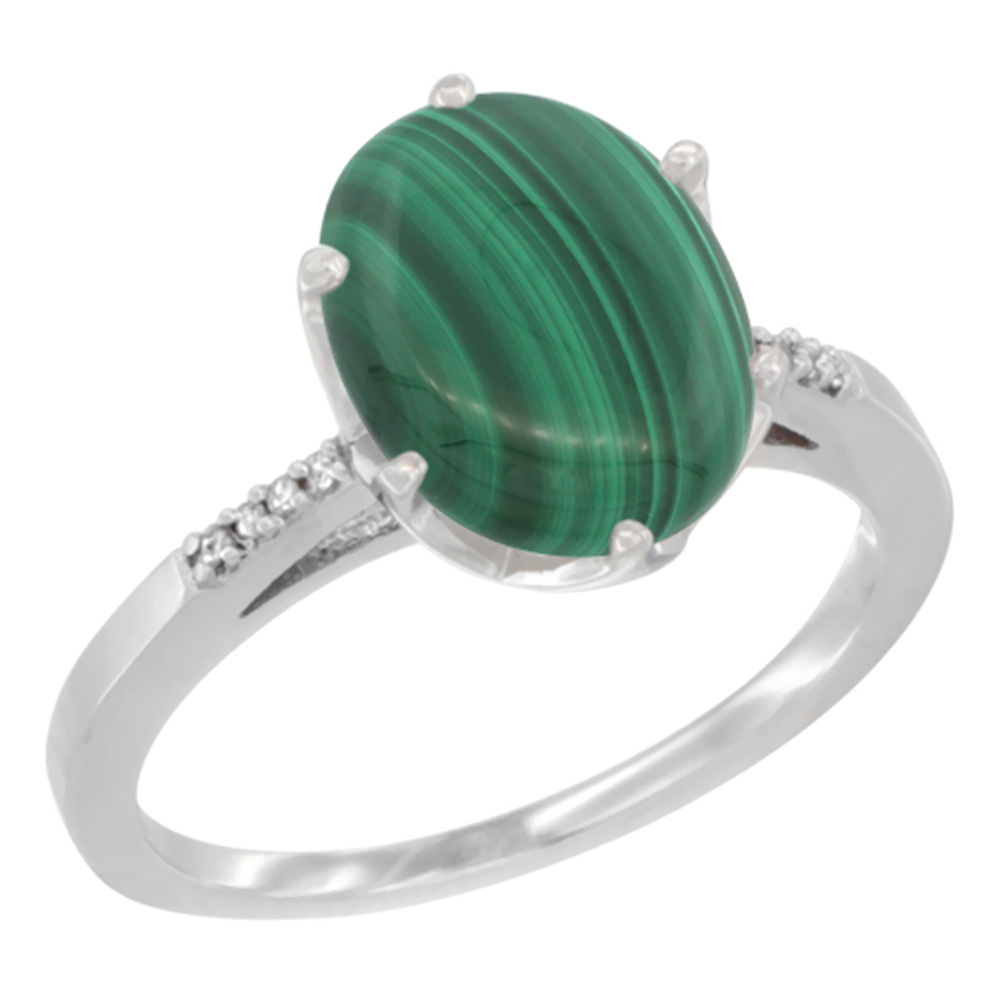 14K White Gold Natural Malachite Engagement Ring 10x8 mm Oval, sizes 5 - 10