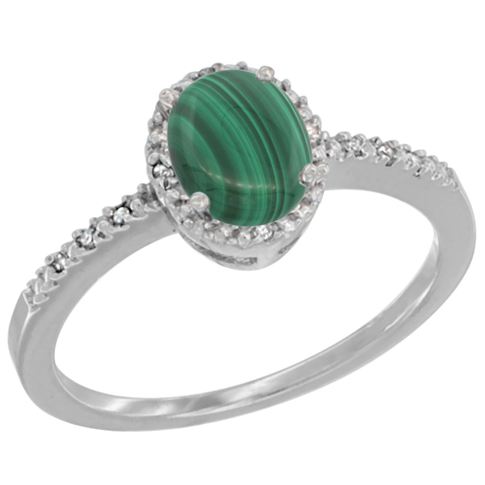 14K White Gold Diamond Natural Malachite Engagement Ring Oval 7x5 mm, sizes 5 - 10