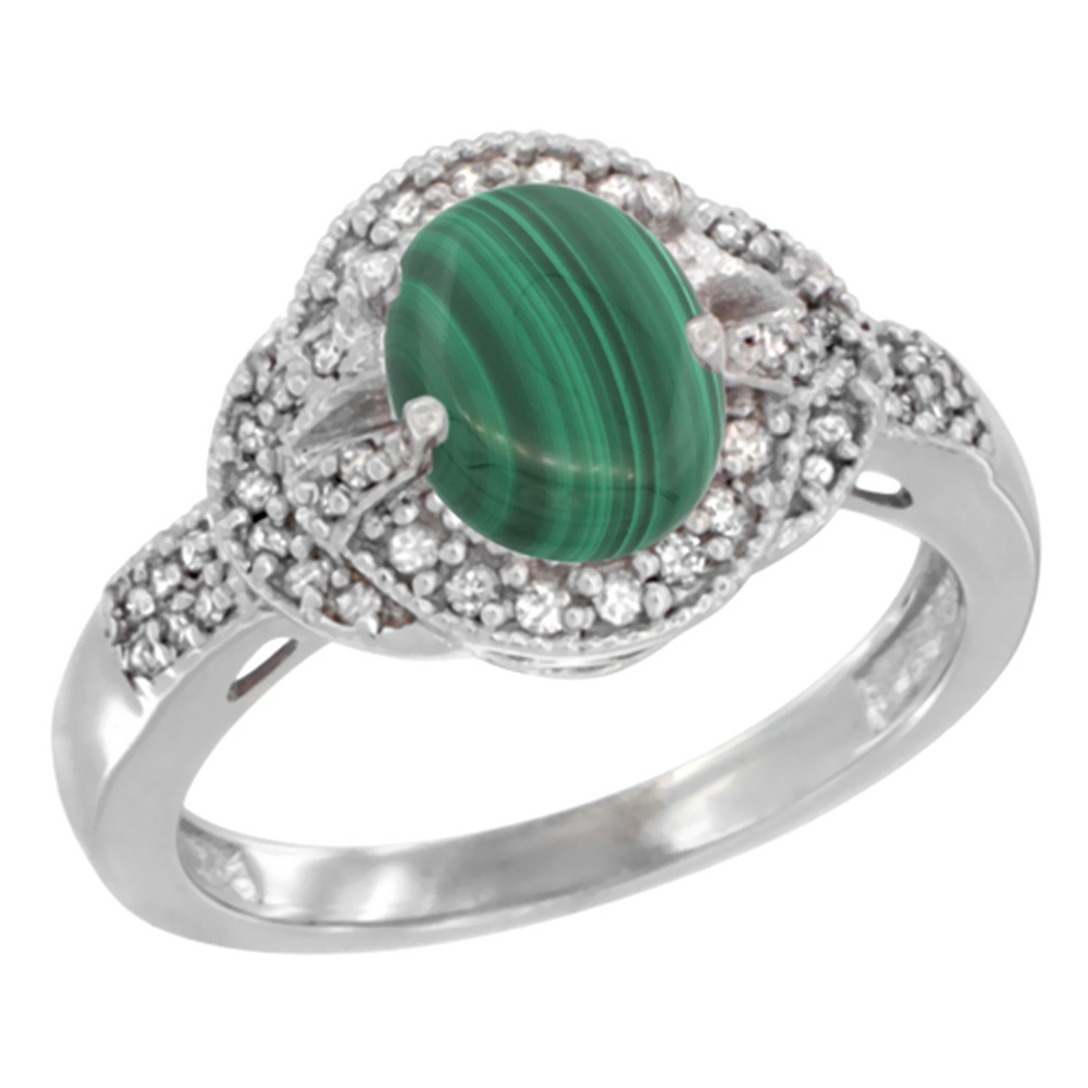 14K White Gold Natural Malachite Ring Oval 8x6 mm Diamond Accent, sizes 5 - 10