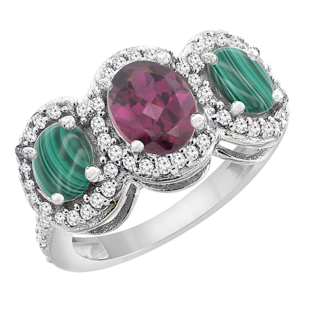 14K White Gold Natural Rhodolite & Malachite 3-Stone Ring Oval Diamond Accent, sizes 5 - 10