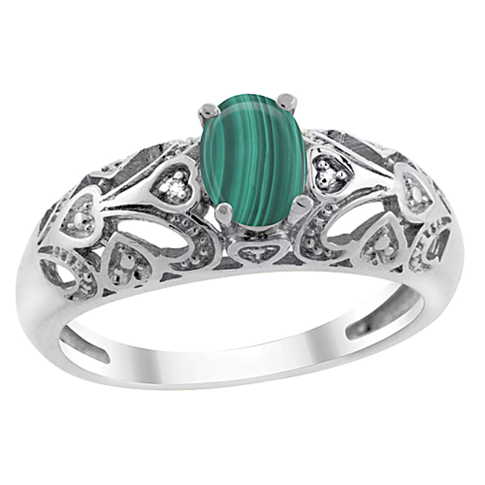 14K Yellow Gold Natural Malachite Ring Oval 6x4 mm Diamond Accent, sizes 5 - 10