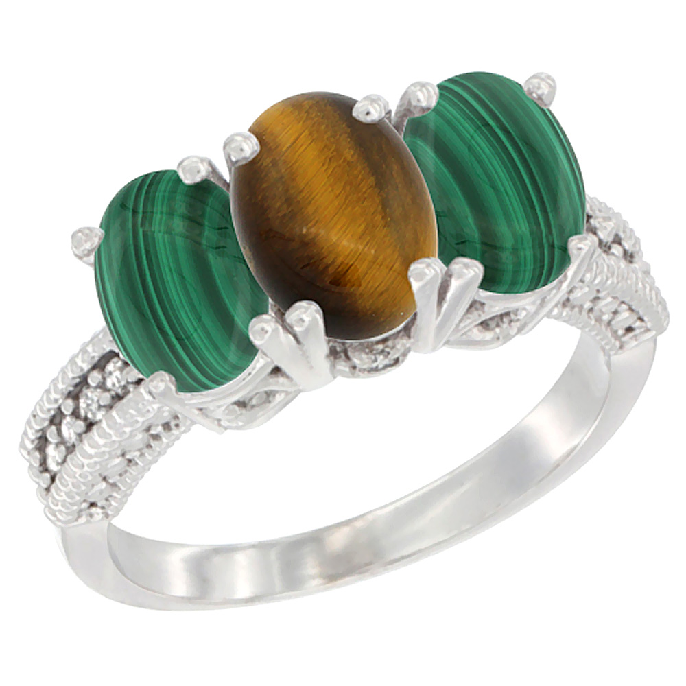 10K White Gold Diamond Natural Tiger Eye & Malachite Ring 3-Stone 7x5 mm Oval, sizes 5 - 10