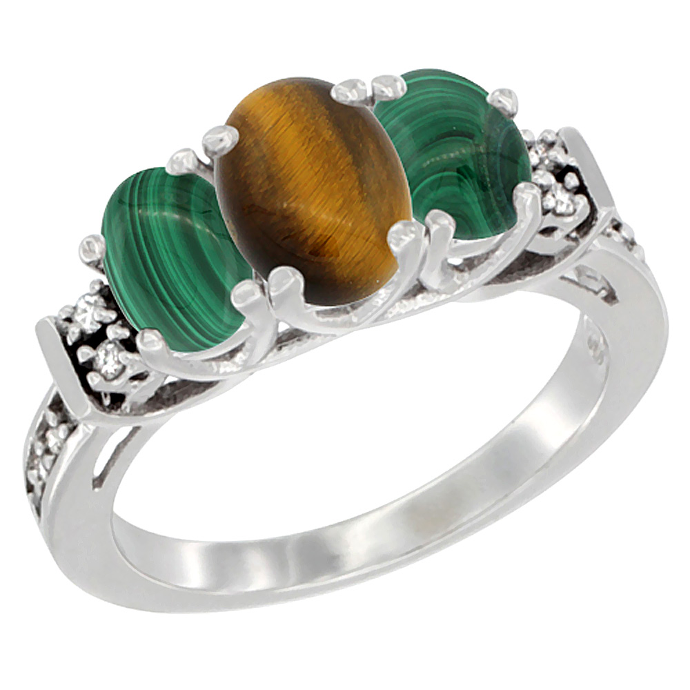 10K White Gold Natural Tiger Eye & Malachite Ring 3-Stone Oval Diamond Accent, sizes 5-10