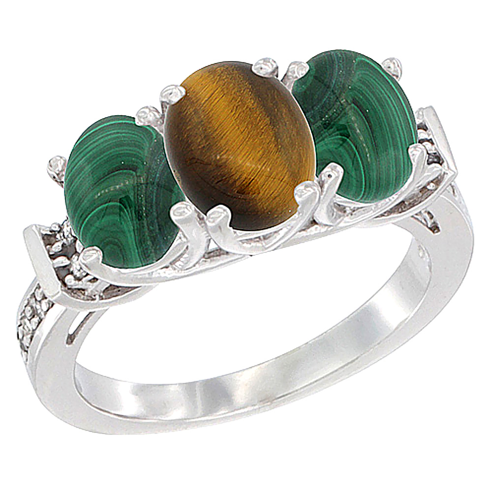 14K White Gold Natural Tiger Eye & Malachite Sides Ring 3-Stone Oval Diamond Accent, sizes 5 - 10