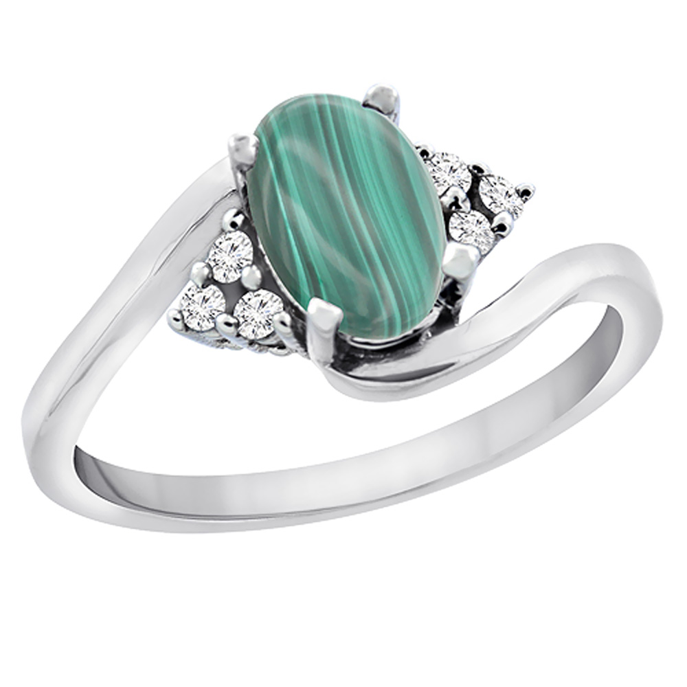 14K White Gold Diamond Natural Malachite Engagement Ring Oval 7x5mm, sizes 5 - 10