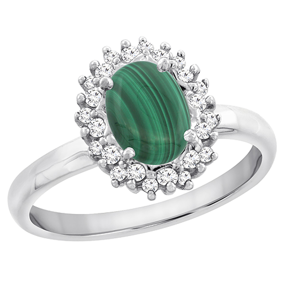 14K White Gold Diamond Natural Malachite Engagement Ring Oval 7x5mm, sizes 5 - 10