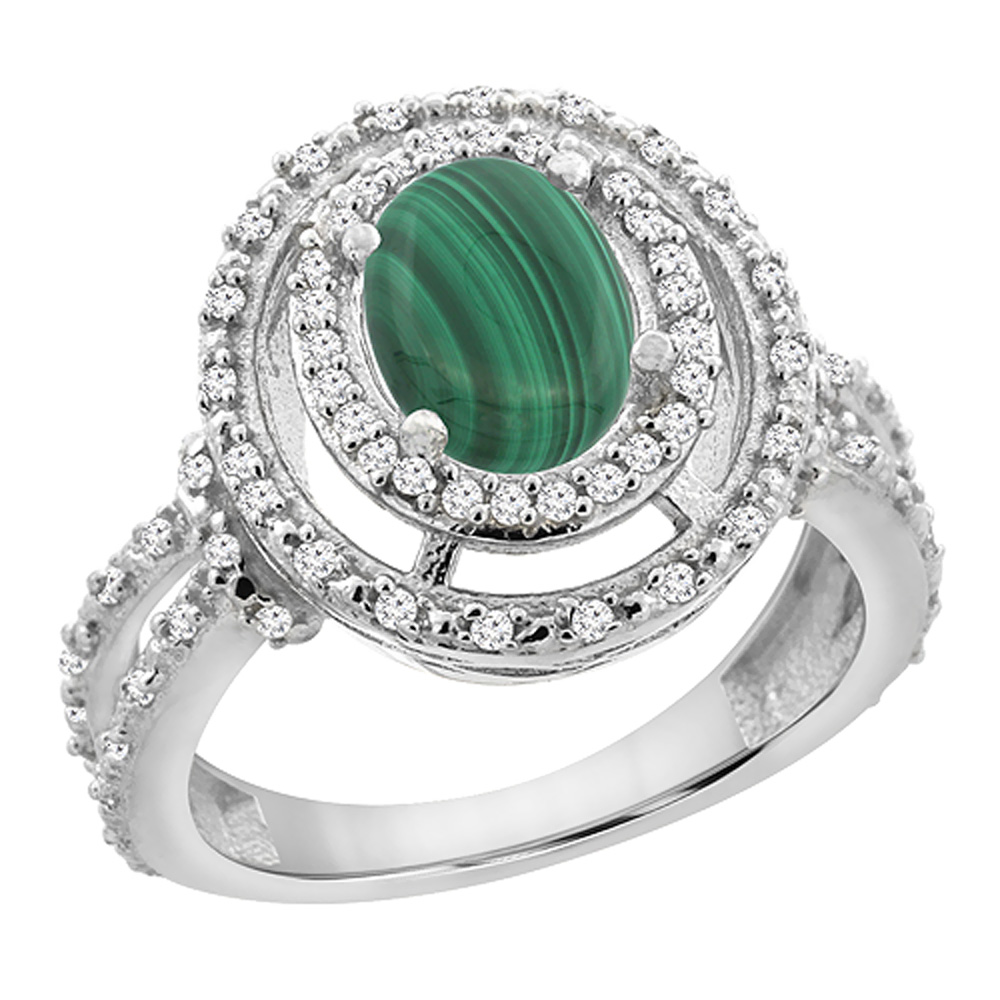 14K Yellow Gold Natural Malachite Ring Oval 8x6 mm Double Halo Diamond, sizes 5 - 10