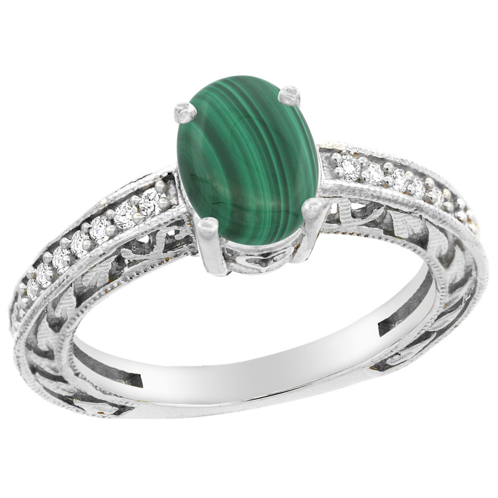 14K Gold Natural Malachite Ring Oval 8x6 mm Diamond Accents, sizes 5 - 10