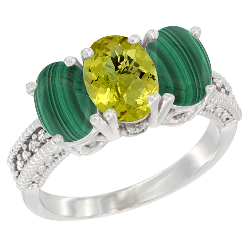 10K White Gold Diamond Natural Lemon Quartz & Malachite Ring 3-Stone 7x5 mm Oval, sizes 5 - 10