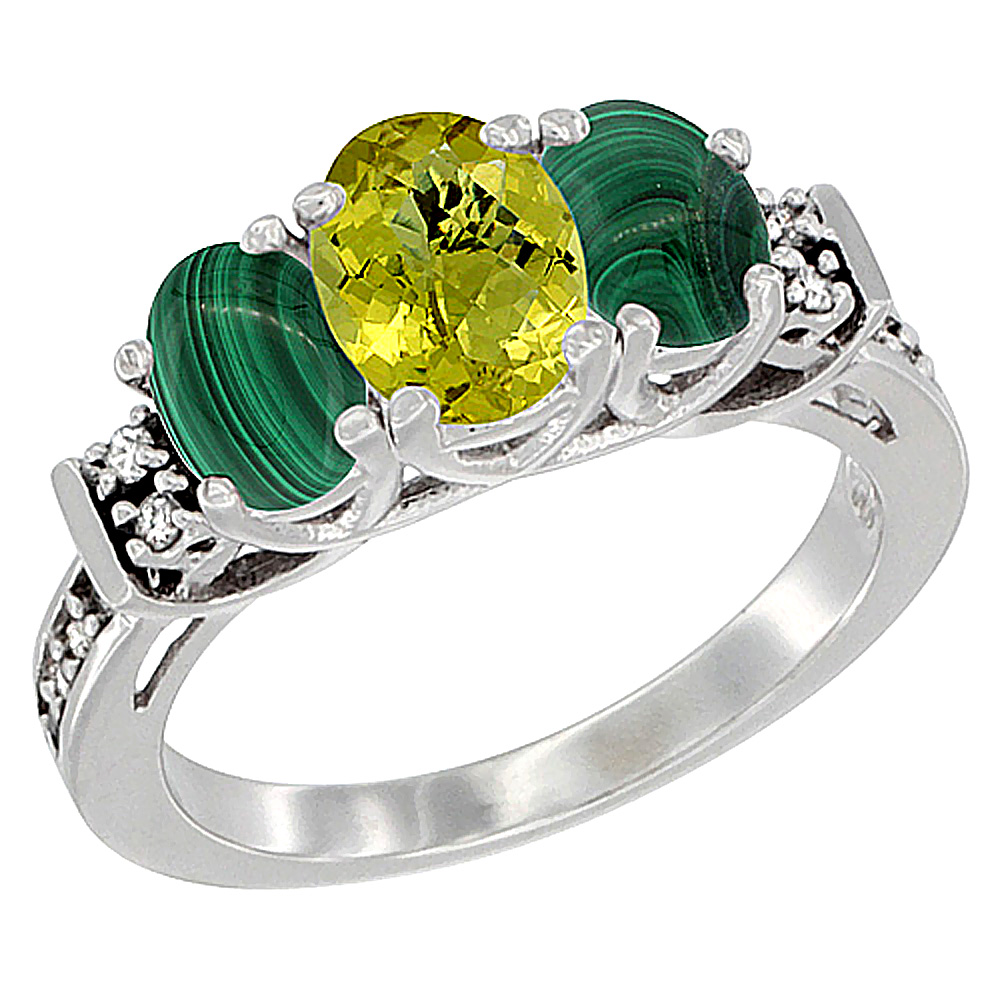 10K White Gold Natural Lemon Quartz &amp; Malachite Ring 3-Stone Oval Diamond Accent, sizes 5-10