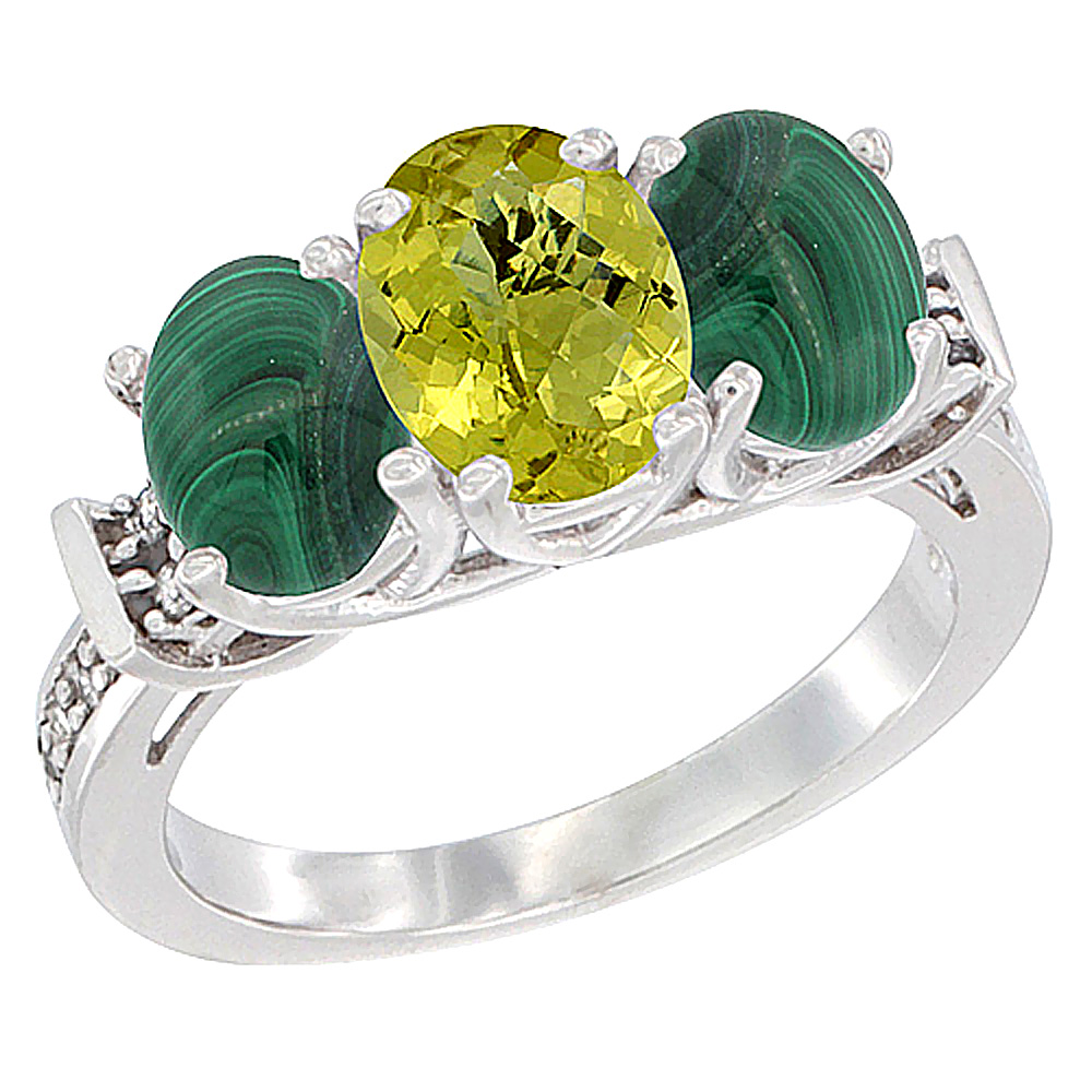 14K White Gold Natural Lemon Quartz &amp; Malachite Sides Ring 3-Stone Oval Diamond Accent, sizes 5 - 10