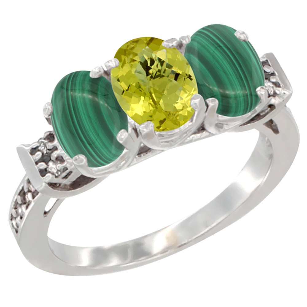 14K White Gold Natural Lemon Quartz & Malachite Ring 3-Stone 7x5 mm Oval Diamond Accent, sizes 5 - 10