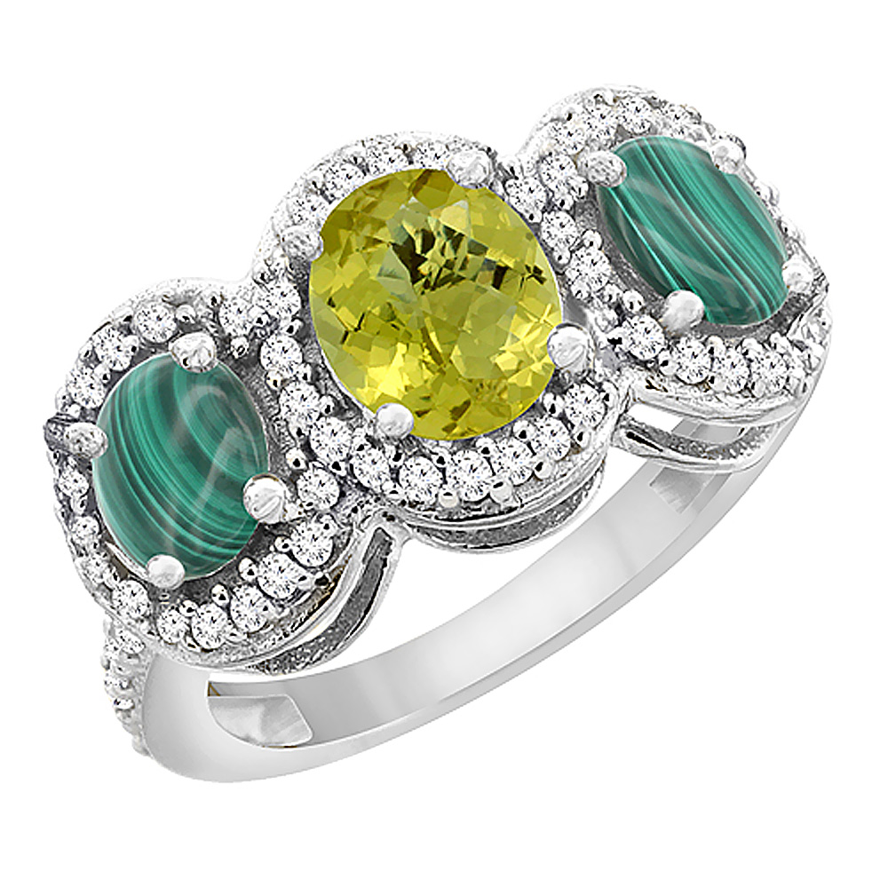 14K White Gold Natural Lemon Quartz & Malachite 3-Stone Ring Oval Diamond Accent, sizes 5 - 10