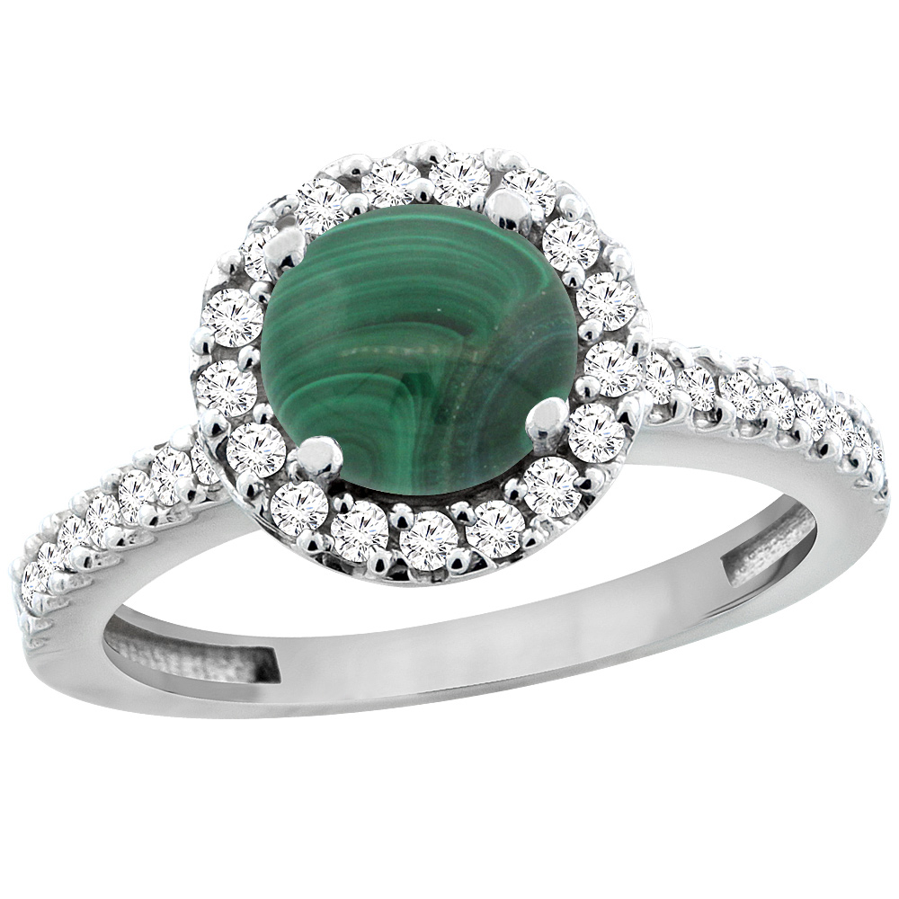 14K White Gold Natural Malachite Ring Round 6mm Floating Halo Diamond, sizes 5 - 10