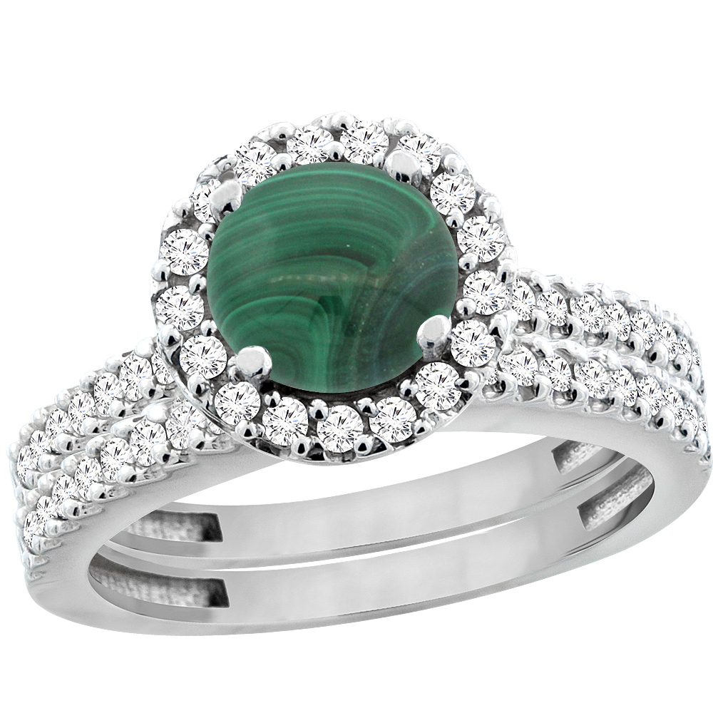 14K White Gold Natural Malachite Round 6mm 2-Piece Engagement Ring Set Floating Halo Diamond, sizes 5 - 10