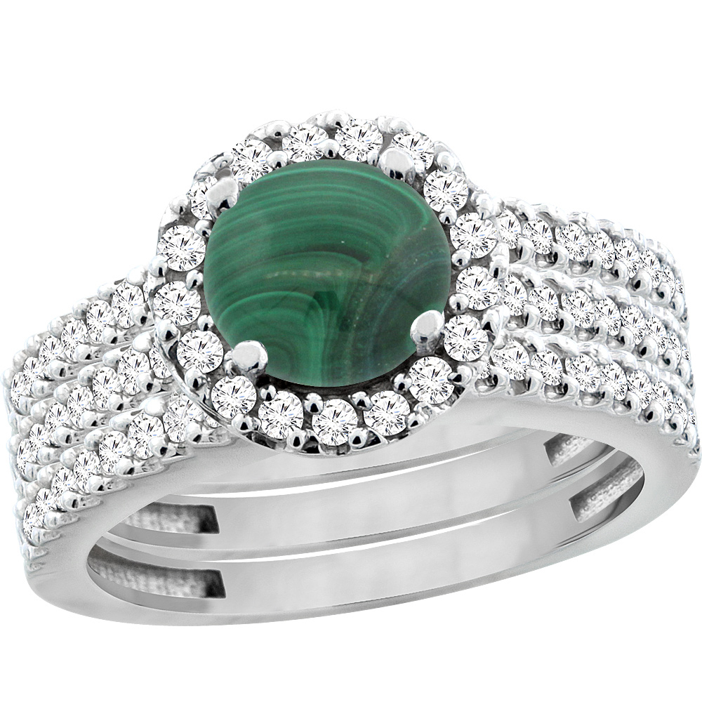 14K White Gold Natural Malachite 3-Piece Bridal Ring Set Round 6mm Halo Diamond, sizes 5 - 10