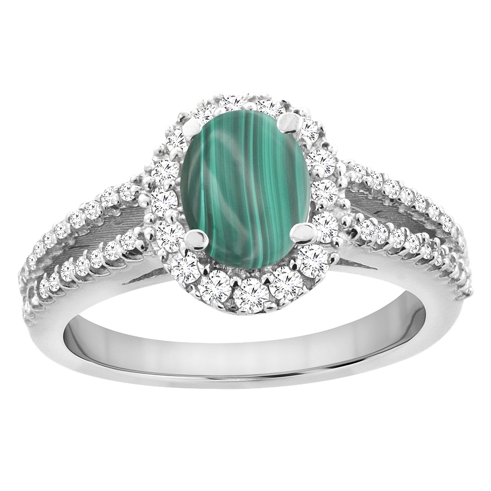 14K White Gold Natural Malachite Split Shank Halo Engagement Ring Oval 7x5 mm, sizes 5 - 10