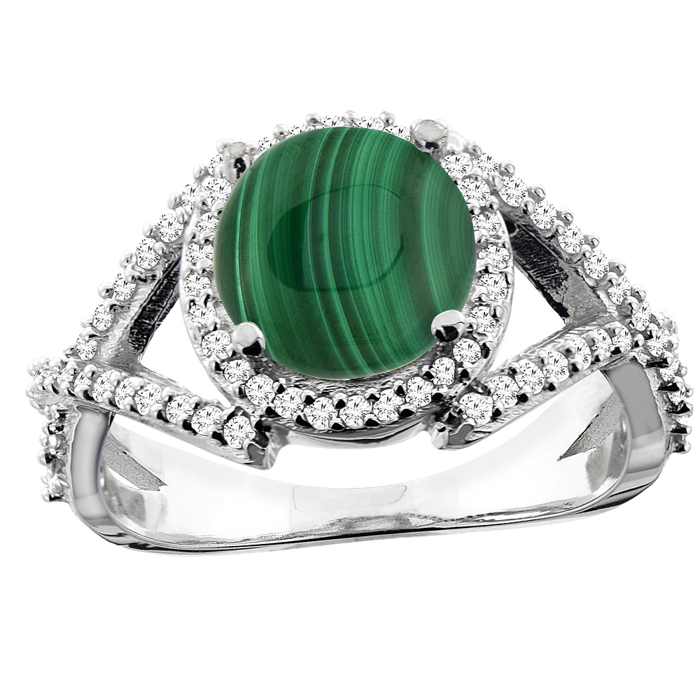 10K White/Yellow/Rose Gold Natural Malachite Ring Round 8mm Diamond Accent, sizes 5 - 10