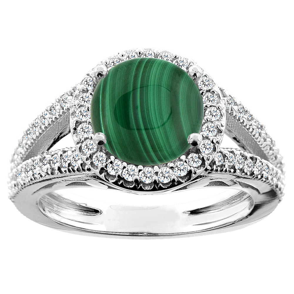 14K White/Yellow/Rose Gold Natural Malachite Ring Round 8mm Diamond Accent, sizes 5 - 10