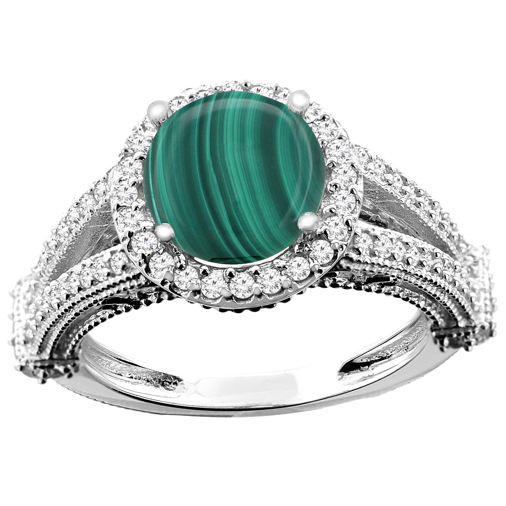 10K White/Yellow/Rose Gold Natural Malachite Ring Round 8mm Diamond Accent, sizes 5 - 10