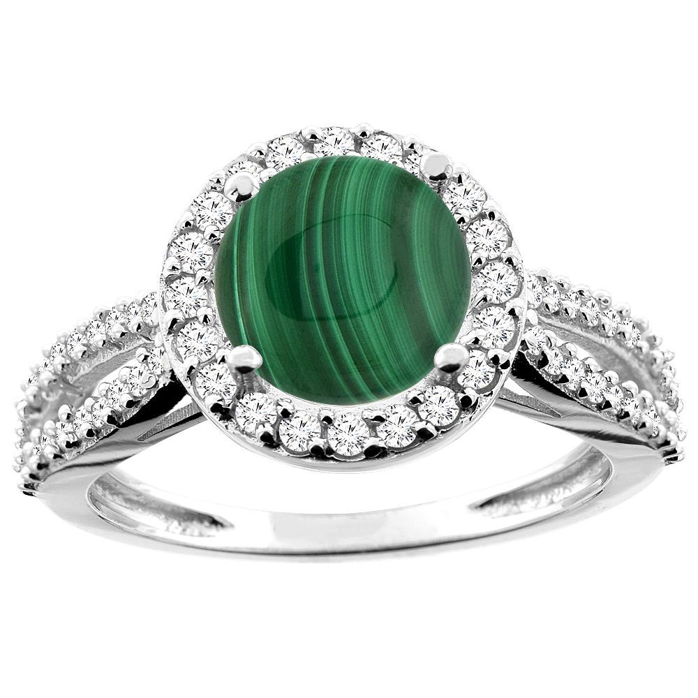 10K White/Yellow/Rose Gold Natural Malachite Ring Round 8mm Diamond Accent, sizes 5 - 10