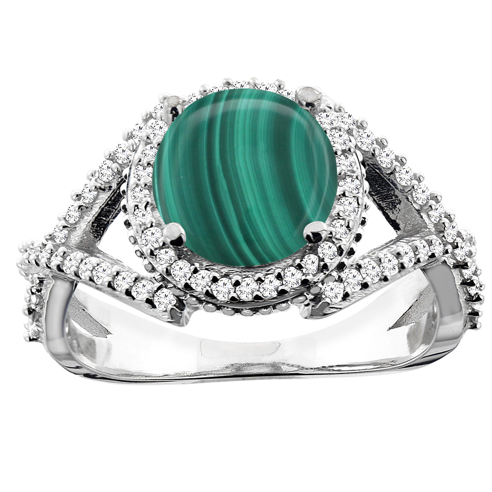 10K White/Yellow/Rose Gold Natural Malachite Ring Round 8mm Diamond Accent, sizes 5 - 10