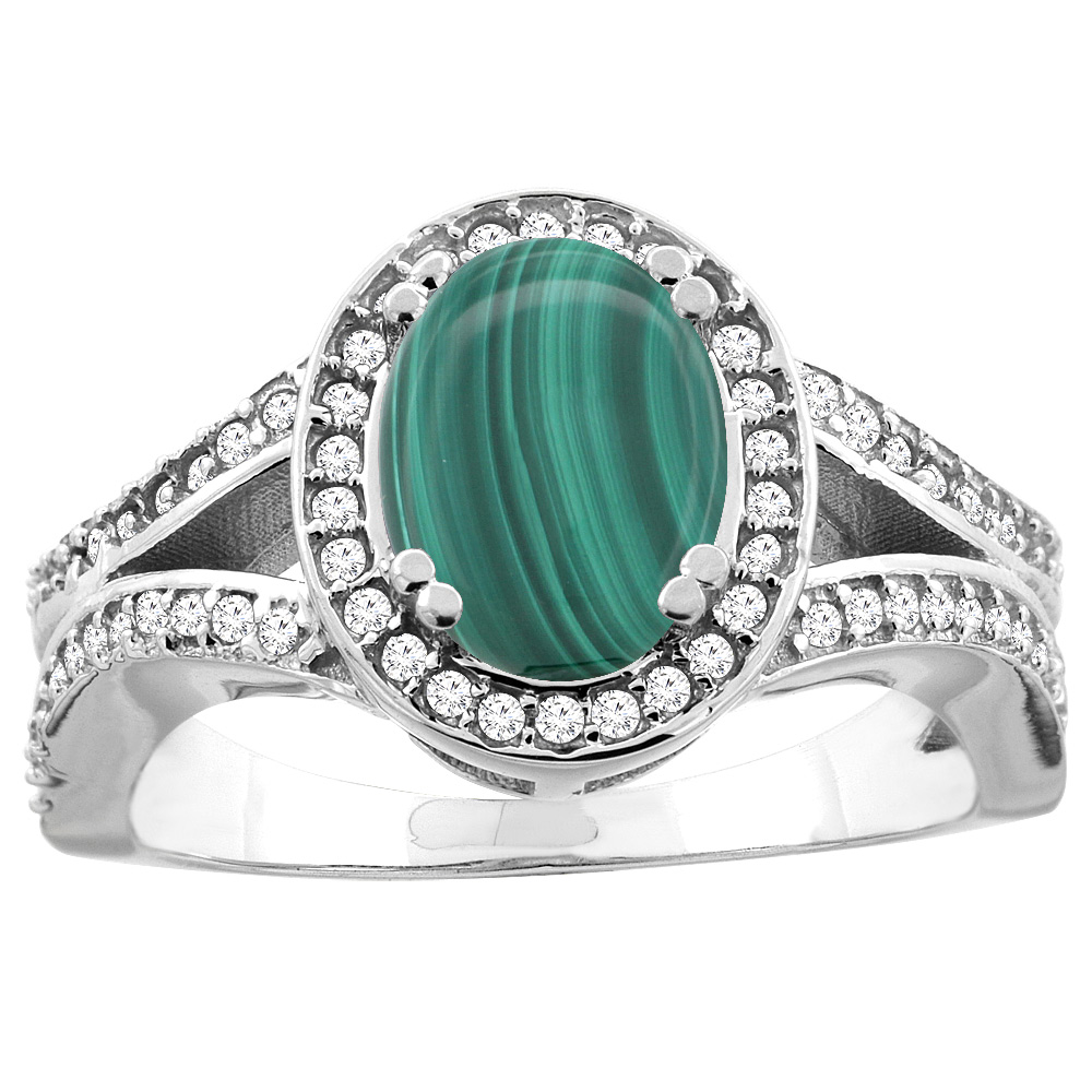 10K White/Yellow Gold Natural Malachite Split Ring Oval 8x6mm Diamond Accent, sizes 5 - 10