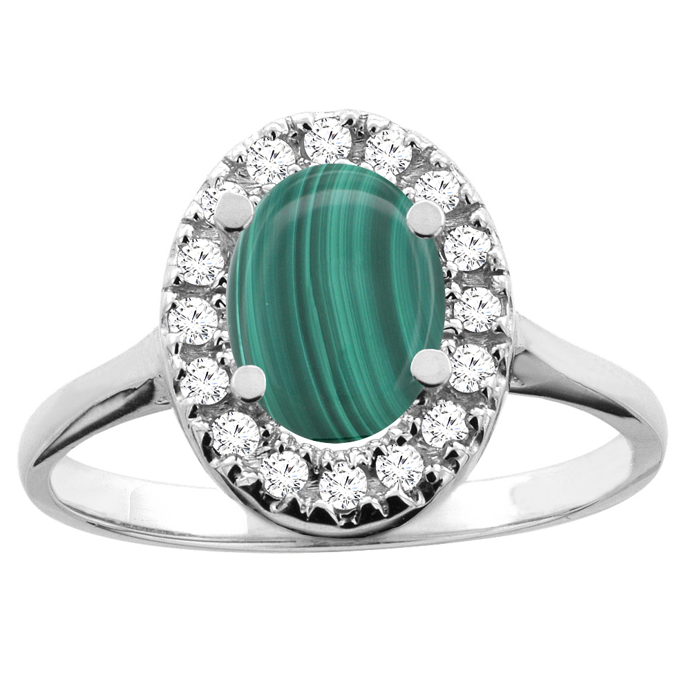 10K White/Yellow Gold Natural Malachite Ring Oval 8x6mm Diamond Accent, sizes 5 - 10