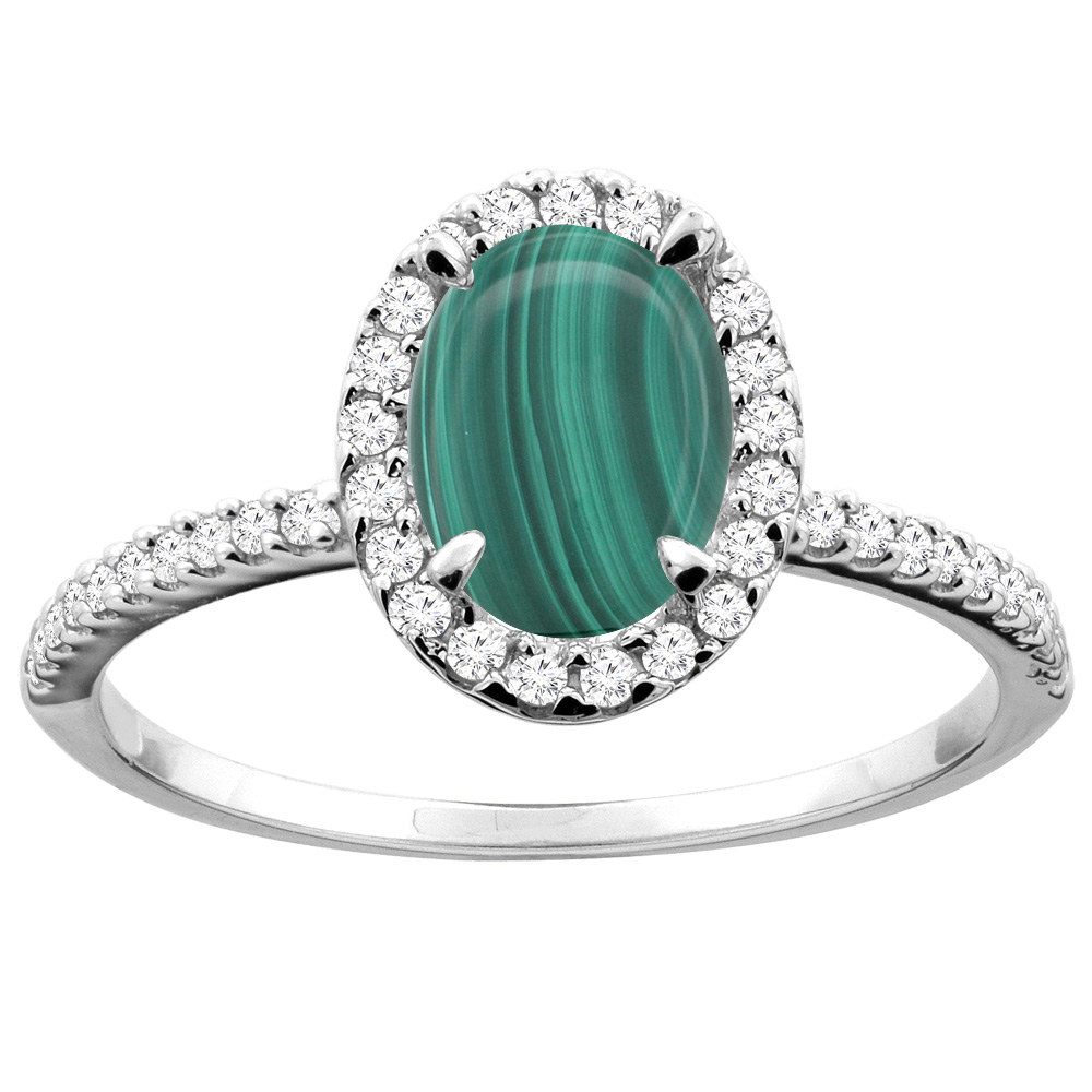 14K White/Yellow Gold Natural Malachite Ring Oval 8x6mm Diamond Accent, sizes 5 - 10